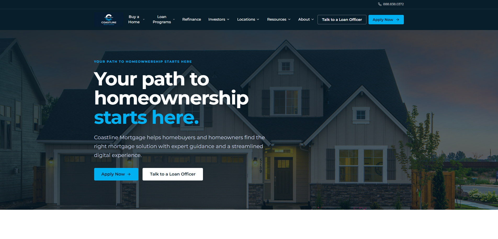 Coastline Mortgage website homepage showing homeownership messaging and loan application paths